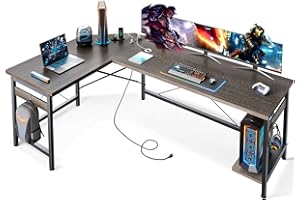 Coleshome 66" L Shaped Gaming Desk with Outlet, L Shaped Desk with CPU Stand, Corner Computer Desk, Home Office Desk, Writing Desk, Grey Oak