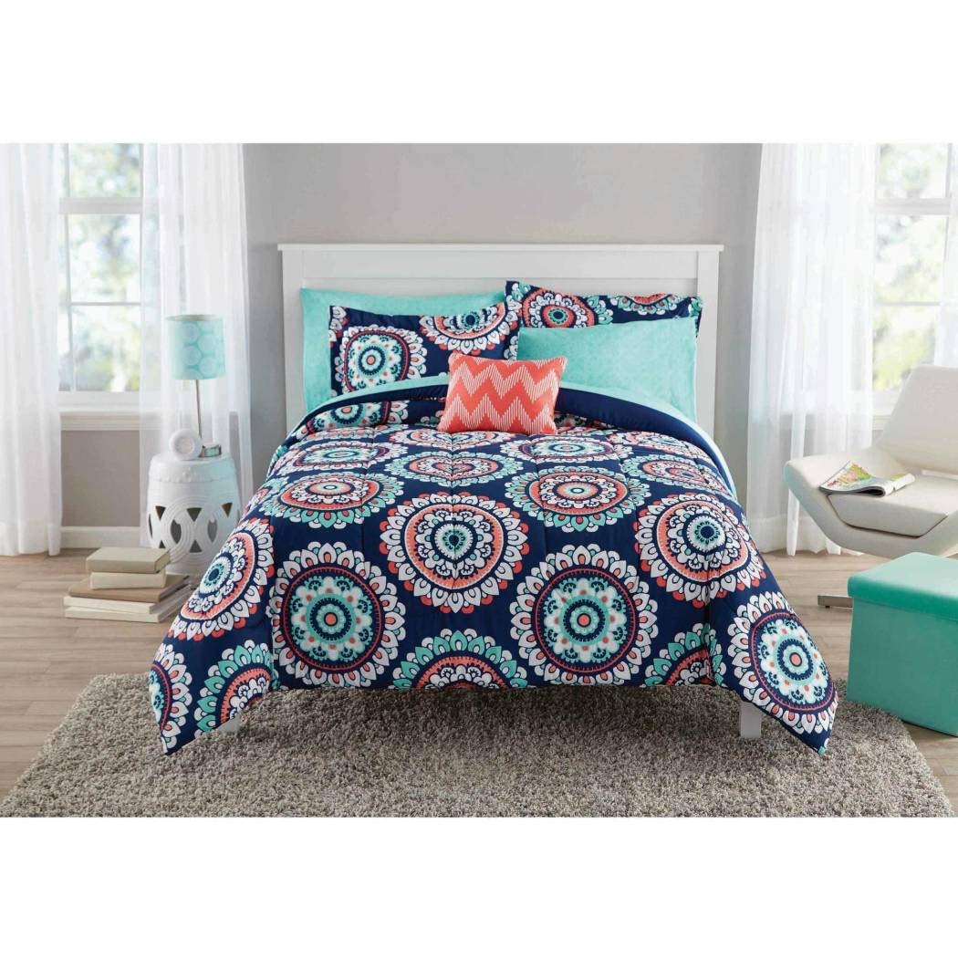 Dp 8pc Girls Navy Blue Coral Medallion Comforter Sheet Set Full Sized Polyester Teal Blue Color Mandala Bohemian Circular Pattern Kids Bedding