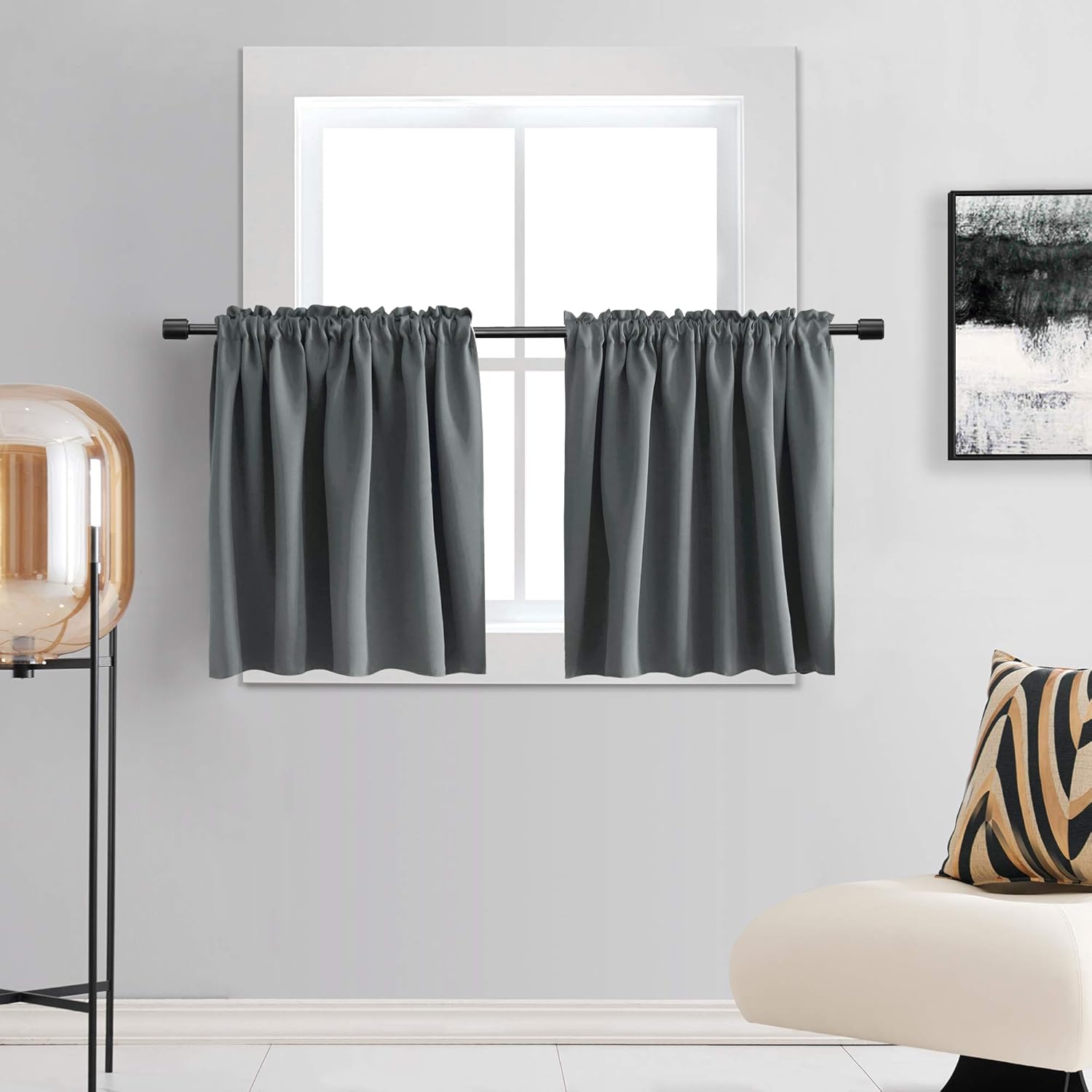 Window Treatments - DONREN Medium Grey Small Curtains for Bathroom -Blackout Thermal Insulating Curtain Tiers for Bedroom with Rod Pocket(30 by 24 Inches,2 Packs)