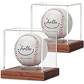 JupDec Baseball Display Case, Clear Cube Baseball Holder with Wooden Base, Autograph Baseball Stand Box for Single Ball, Acacia Wood, Brown, 2 Pack