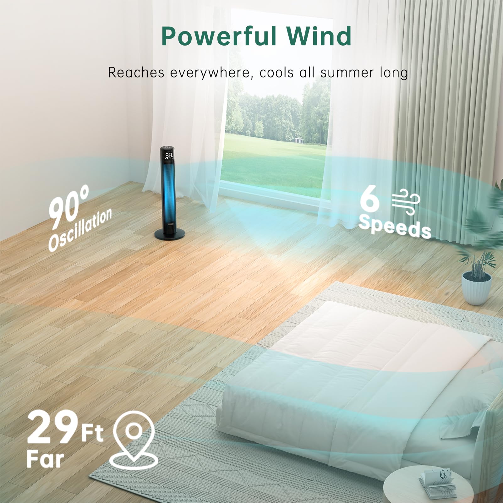 WindMaster Smart Tower Fan for Bedroom, 90° Oscillating Floor Fan Cold, Quiet Tower Fans for Home Bedroom, 36 inch Tall Standing Tower Fans 4 Modes 6 Speeds, 24H Timer Works with APP & Remote