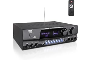 Pyle Wireless Bluetooth Power Amplifier System, 200 Watt Max, Home Theater Audio Stereo Receiver Box with FM/USB, Mic in, RCA Inputs, Echo & 2-Band EQ Control, Digital Display Screen - PT250BA