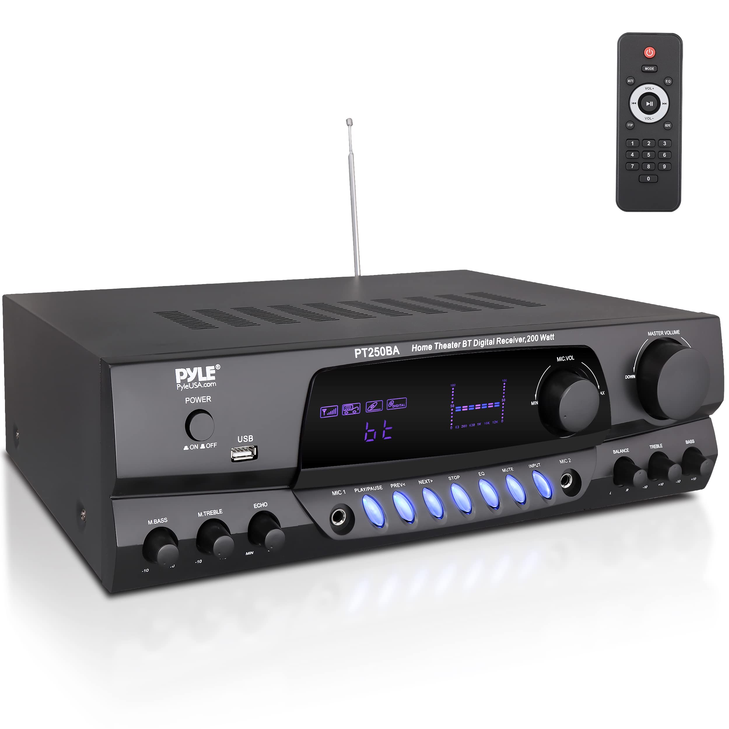 Photo 1 of (POWER TESTED) (UNABLE TO TEST FURTHER) Pyle Wireless Bluetooth Power Amplifier System, 200 Watt Max, Home Theater Audio Stereo Receiver Box with FM/USB, Mic in, RCA Inputs, Echo & 2-Band EQ Control, Digital Display Screen - PT250BA