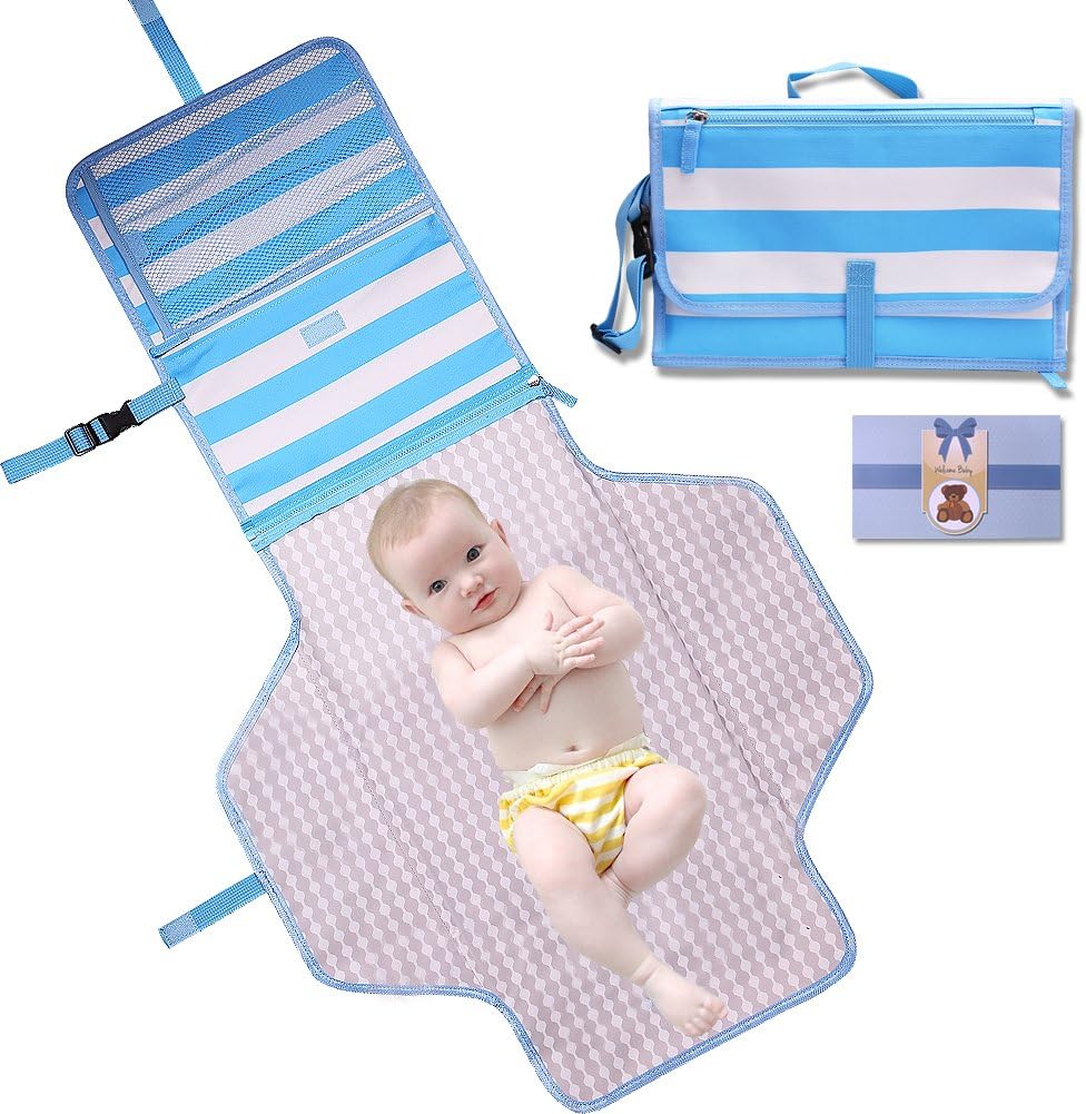 Baby Diaper Changing Pad Clutch - Portable Diaper Changing Station for Baby Newborn Infant，Foldable Mat with Detachable Pad & Head Cushion - Comfortable Waterproof Wipeable (blue and white)