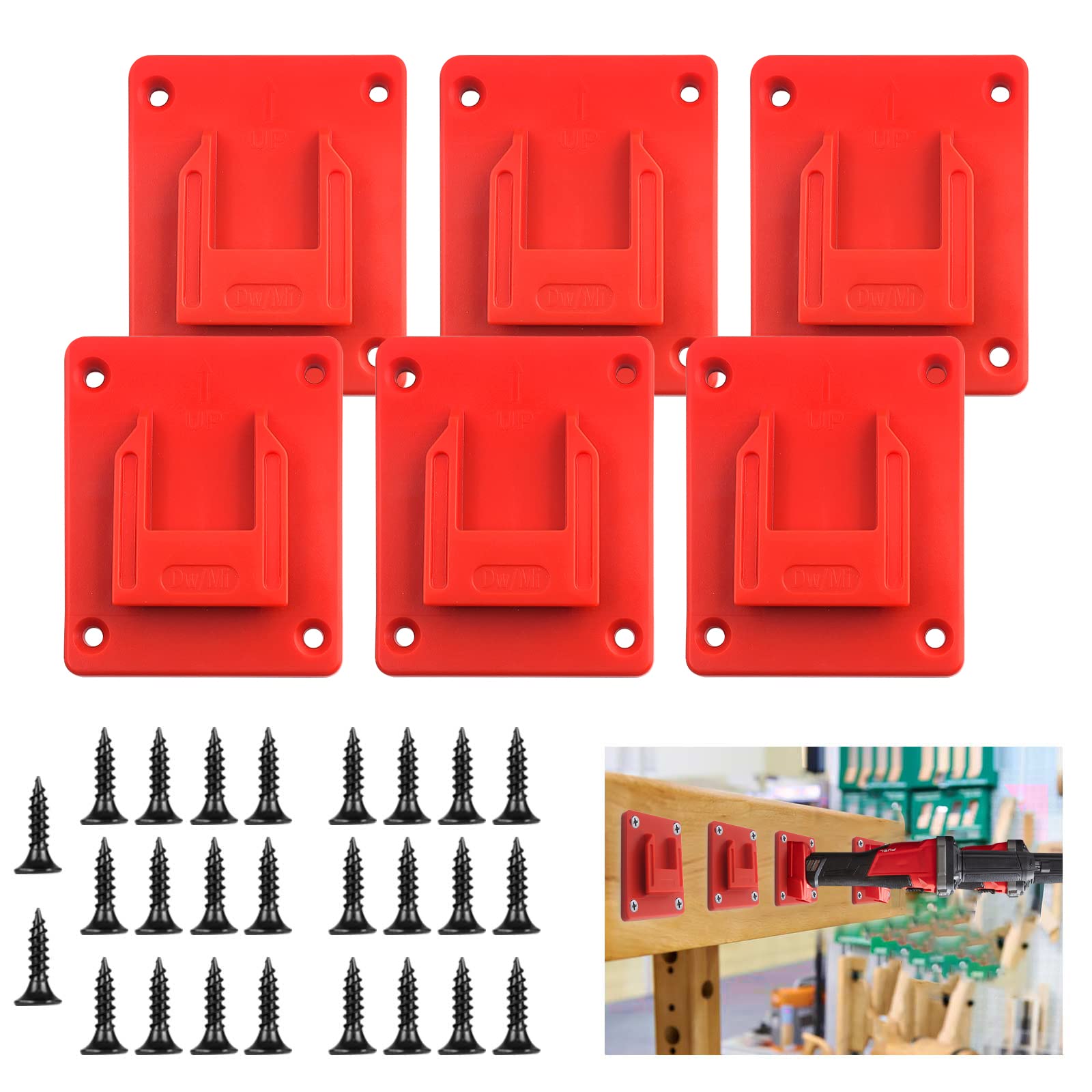 6 Packs Tool Holder for Milwaukee M18 18V Tools Wall Mount Storage Rack Drill Tools Fixing Bracket on Wall Bench with Screws (RED)