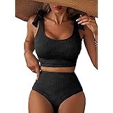 Herseas Women 2 Piece High Waisted Bikini Sets Seashell Textured Tie Strap Swimsuits Bathing Suit Beach Summer Outfits