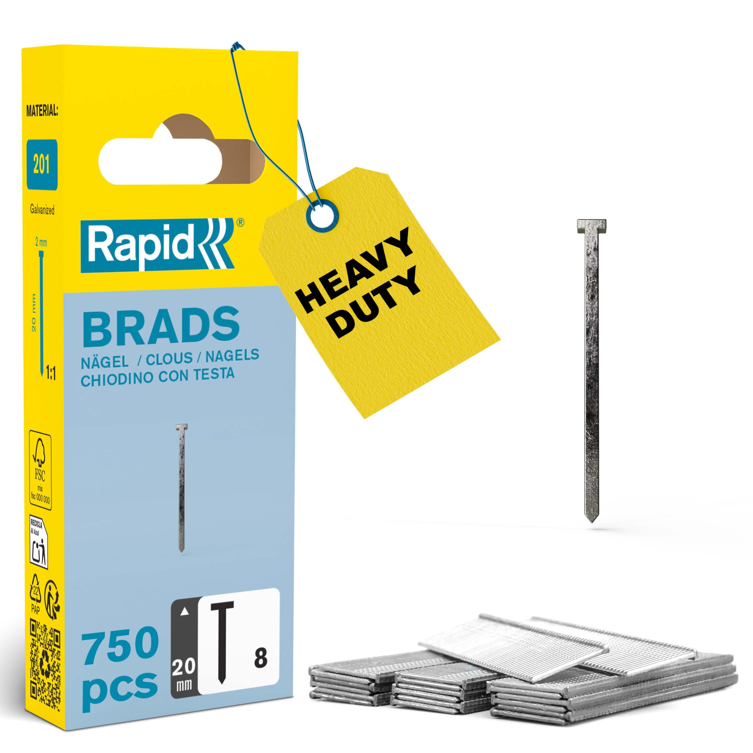 Rapid High Performance No.8 Galvanised Steel Brad Nails, Wire Length: 20 mm, 40109534 - 750 Pieces