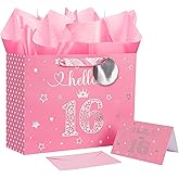Jaywayang 12.6" Pink and Silver 16th Birthday Gift Bag with Card and Tissue Paper for Girls Birthday Gifts Warpping Decorations Party Supplies (hello 16)