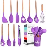12 Pcs Purple Kitchen Accessories Set with Holder, Silicone Heads | Purple Kitchen Utensils Set for Cooking and Baking; Wooden Handles; Heat-Resistant up to 446&deg;F; Non-Scratch for Nonstick Pans