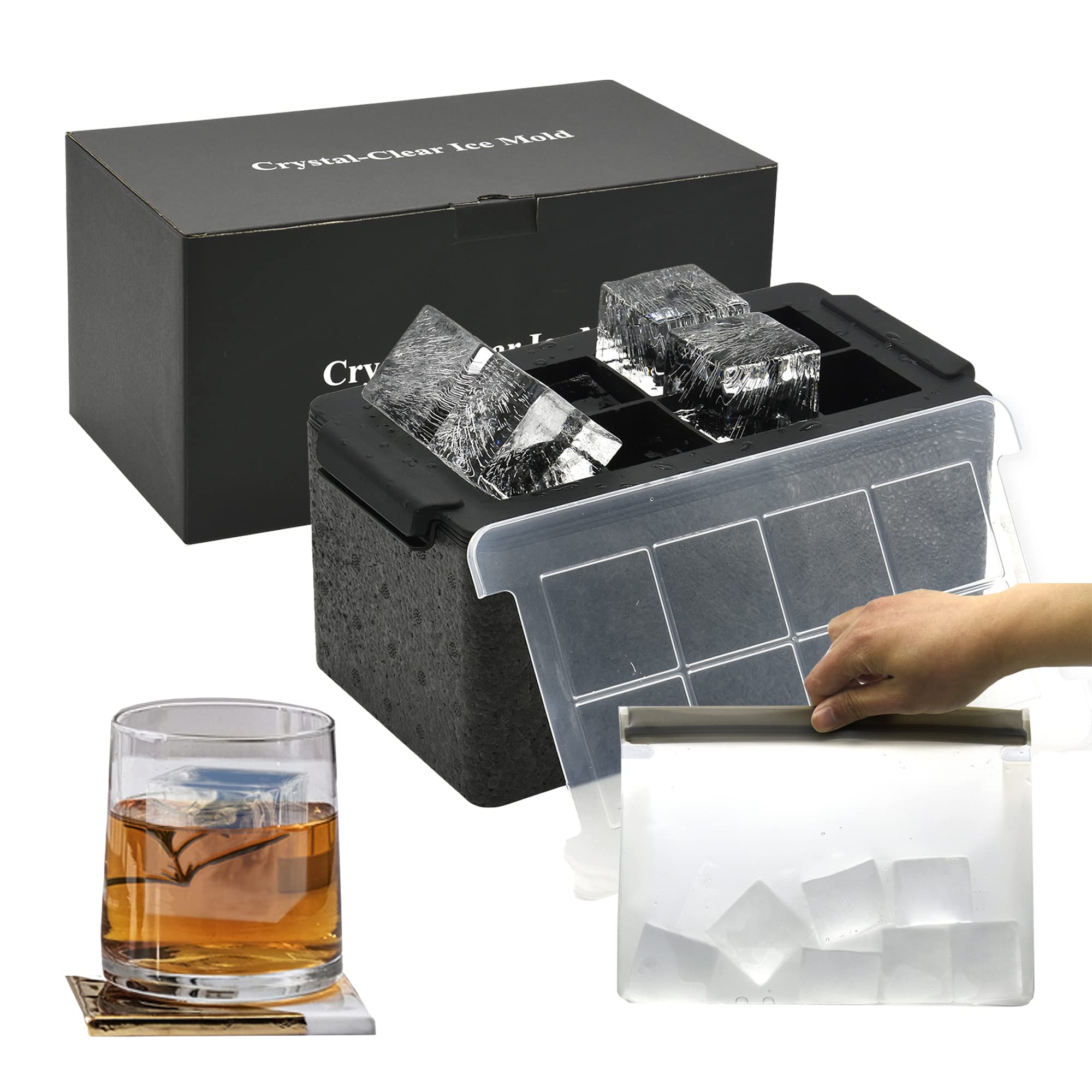 Clear Ice Cube Molds - 2in Giant Ice Cube Maker, 8 Large Clear Ice Cubes for Whiskey and Cocktail with Storage Bag (Cube) Silicone Ice Cube Mould