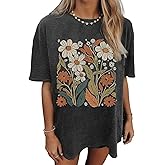 Flower Graphic Oversize Tshirt Women Vintage Wildflowers T-Shirts Sun and Moon Vacation Tee Summer Casual Loose Tee Top