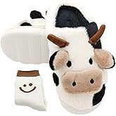 EAYORTOU Cow Slippers for Women - Fluffy Animal Slipper for Adults, Cartoon Cute Bedroom Slides, Kawaii Winter Cotton Aesthetic House Shoes for Indoor and Outdoor Wear, Soft Fuzzy and Cozy
