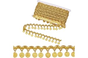 OLYCRAFT 10 Yards Gold Coin Sequin Tassel Trim Flower Pendant Lace Tassel Fringe Trim 1.4 Inch Wide Sequins Tassels Lace Ribb