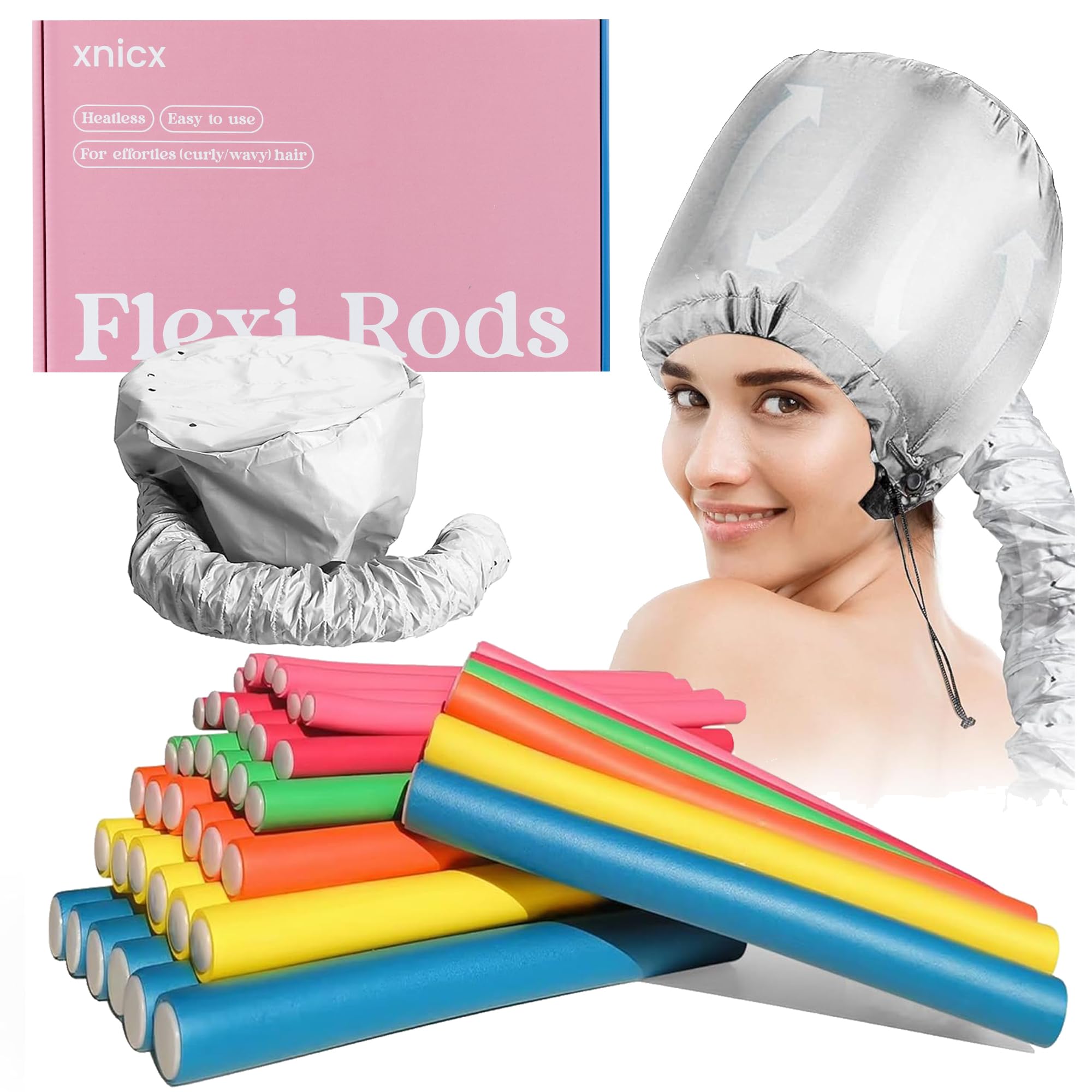 xnicx 42pcs 7" Hair Rollers,Bendy Foam Flexi Rods for Long,Short Hair,Heatless Curlers no Heat for Sleeping Overnight,with Hair Dryer Bonnet for Quick Shaping(Silvery) for Styling,Salon