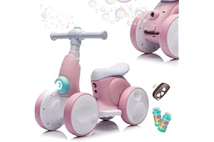 JoyRydz 6V Electric Baby Balance Bike with Bubble Machine,4 in 1 Toddler Balance Bike w/Remote Control for 1 Year Old Boys Girls Kids Bubble Bike Ride on Toys w/Powered Motor,Music,LED Lights (Pink)