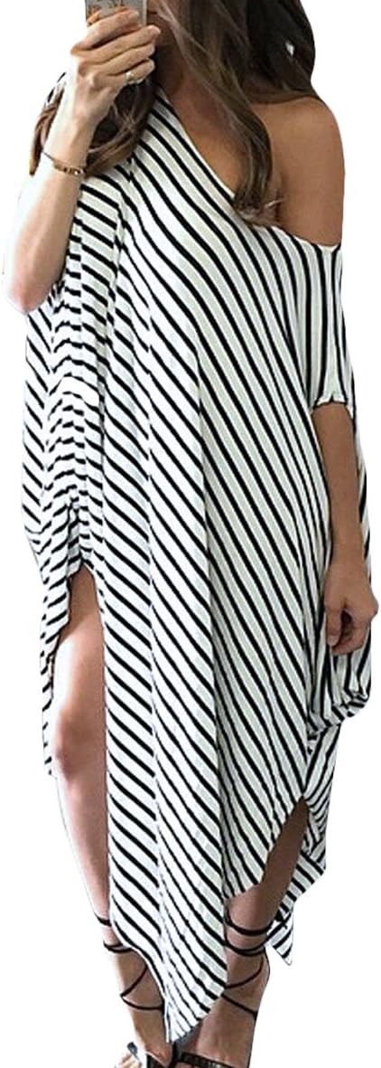 Celltronic Stylish Women Loose Round Neck Bat-wing Sleeve Striped Irregular Dress(XXL)