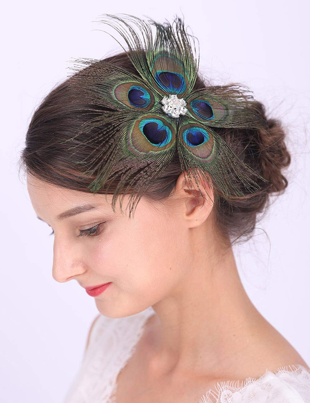 Anglacesmade Bridal Feather Hair Clip Peacock Feather Fascinator Feather Crystal Brooch for Wedding Prom Festival Party 20s Flapper Headpiece for Women and Girls