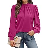 WIHOLL Long Sleeve Shirts for Women Mock Neck Tops Pleated Front Blouses Dressy Casual Spring Fall Clothes 2026 Fashion