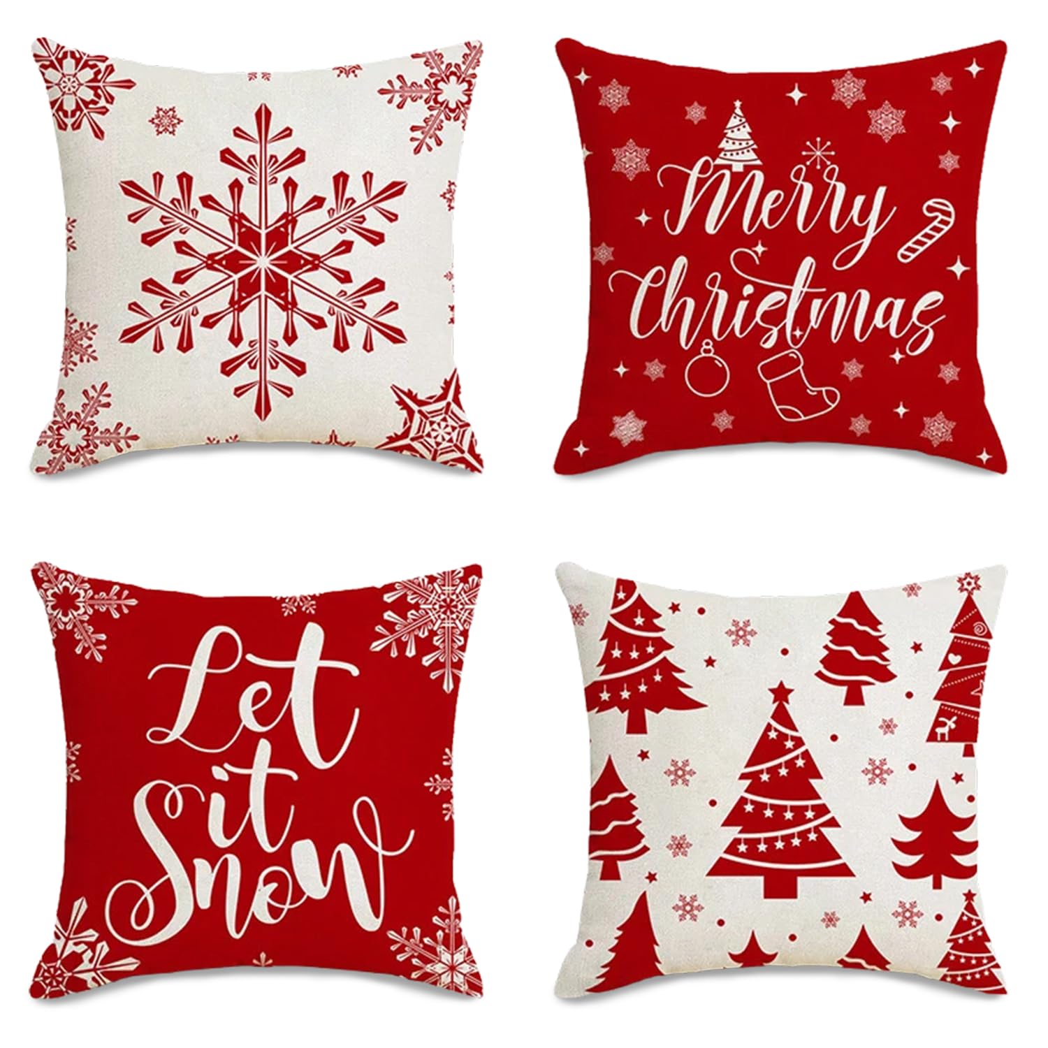 Christmas Cushion Covers 45 x 45 Set of 4 Christmas Pillow Covers Christmas Decoration Winter Snowflake Merry Christmas Decorative Throw Pillow Case Xmas Cushion Cover for Indoor House Sofa, Red