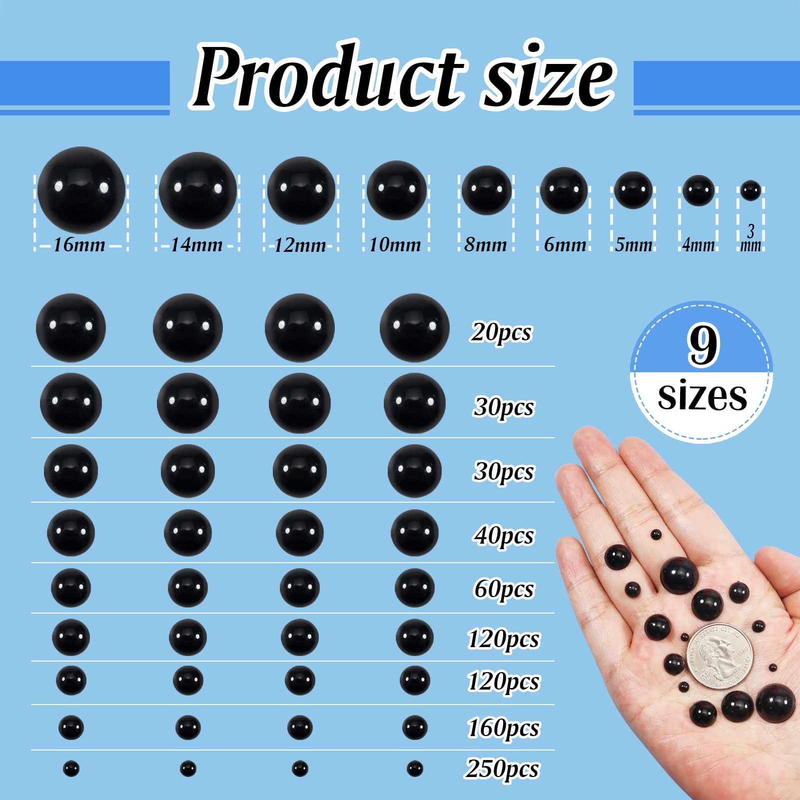 TOAOB 830pcs Round Black Plastic Doll Eyes 3mm to 16mm Flatback Button Craft Eyes for Stuffed Animals Amigurumis Crochet Bears Crafts Making