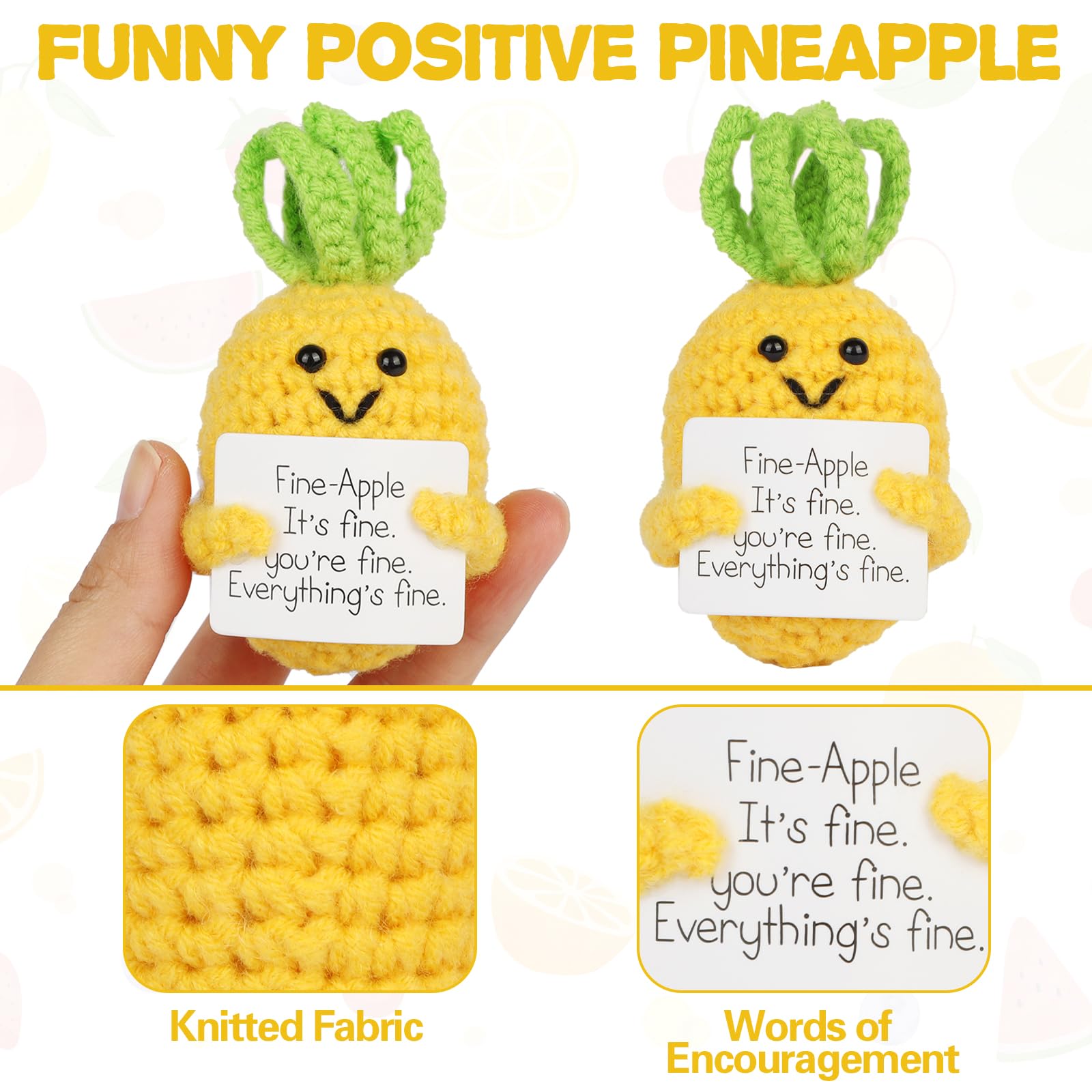 Hoedia Positive Pineapple Gifts for Women - Mom Dad Sister Friend Wife Husband Christmas Birthday Presents - Handmade Cute Funny Fine-Apple Crochet Doll with Cheer Up Inspirational Card Office Decors