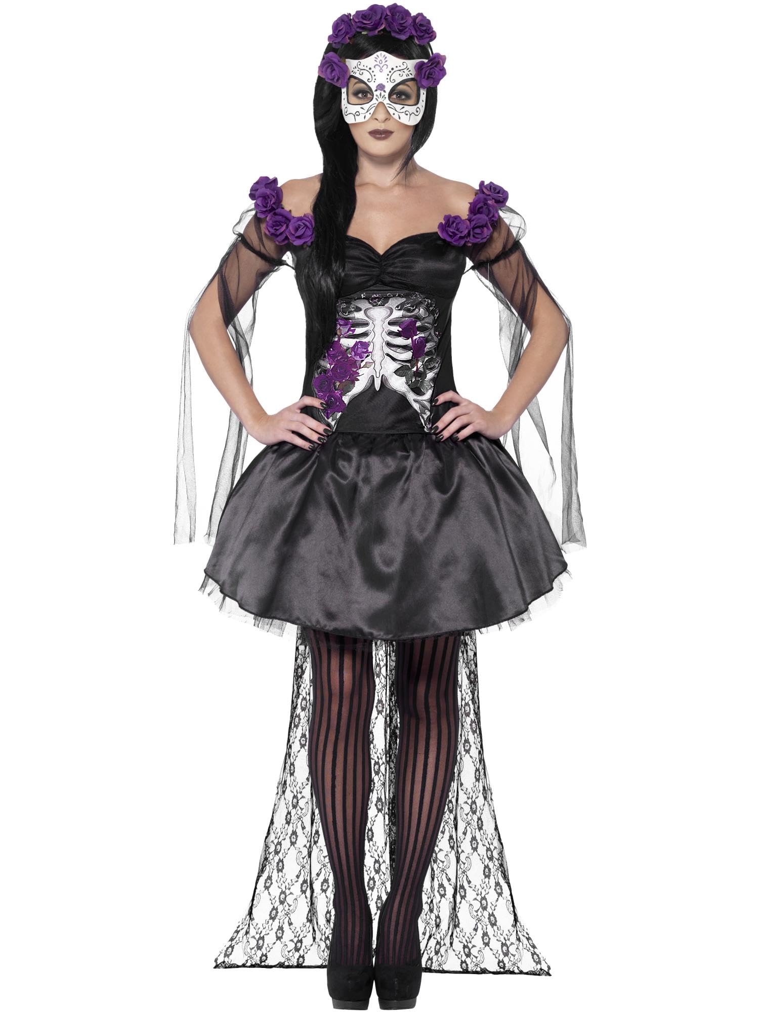 Smiffys Day of the Dead Senorita Costume, Black Printed Top, Skirt, Rose Headband & Latex Mask, Mexican Day of The Dead/Sugar Fancy Dress, Adult Dress Up Costumes