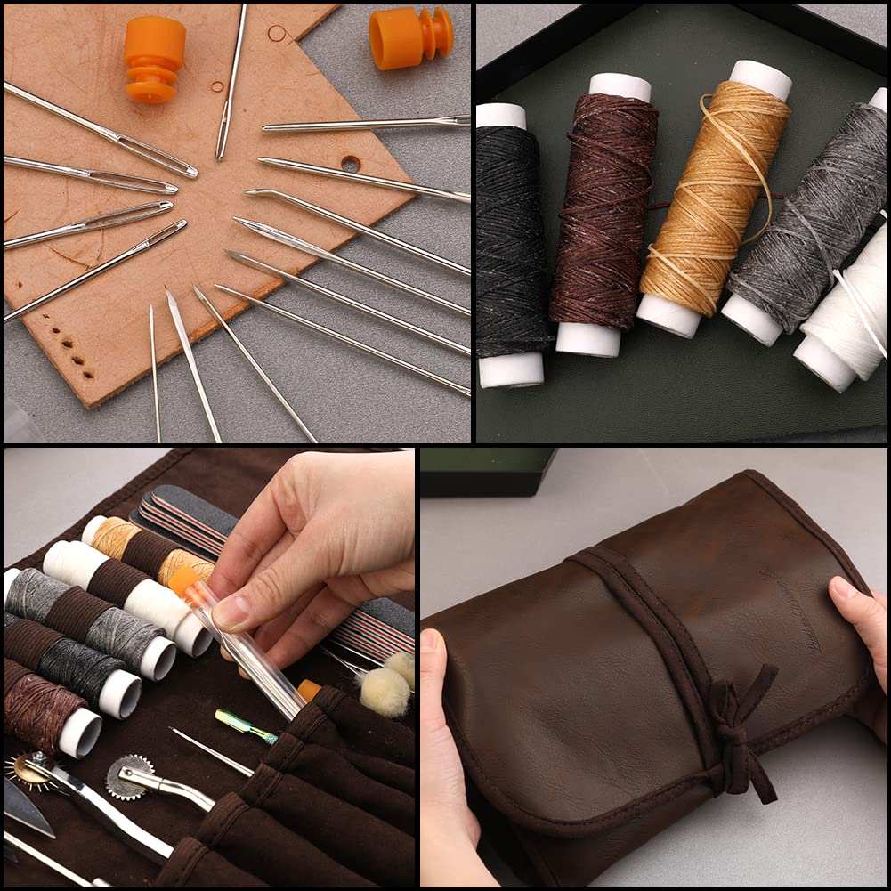TLKKUE 55 PCS Leather Working Tools, Leathercraft Kit with Roll Bag, Groover Stitch Wheel Waxed Threads Awl Needles Manual, Leather Sewing Kit for DIY Sewing Craft Projects