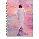 DOFQZ Jesus Walking on the Water Pink Jesus Christian Spiral Notebook Journal,Christian Jesus Church Prayer Notebook Gift for Women Girls, 5.5 x 8.3 Inches