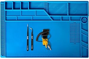 Kaisiking 4 Pcs Large Soldering Mat Set Silicone Repair Mat Placing Screws with Anti-Static Wrist and 2 Tweezers Computer Repair Mat for Soldering, Electronics Repair,Size 21.6 x 13.8 Inch