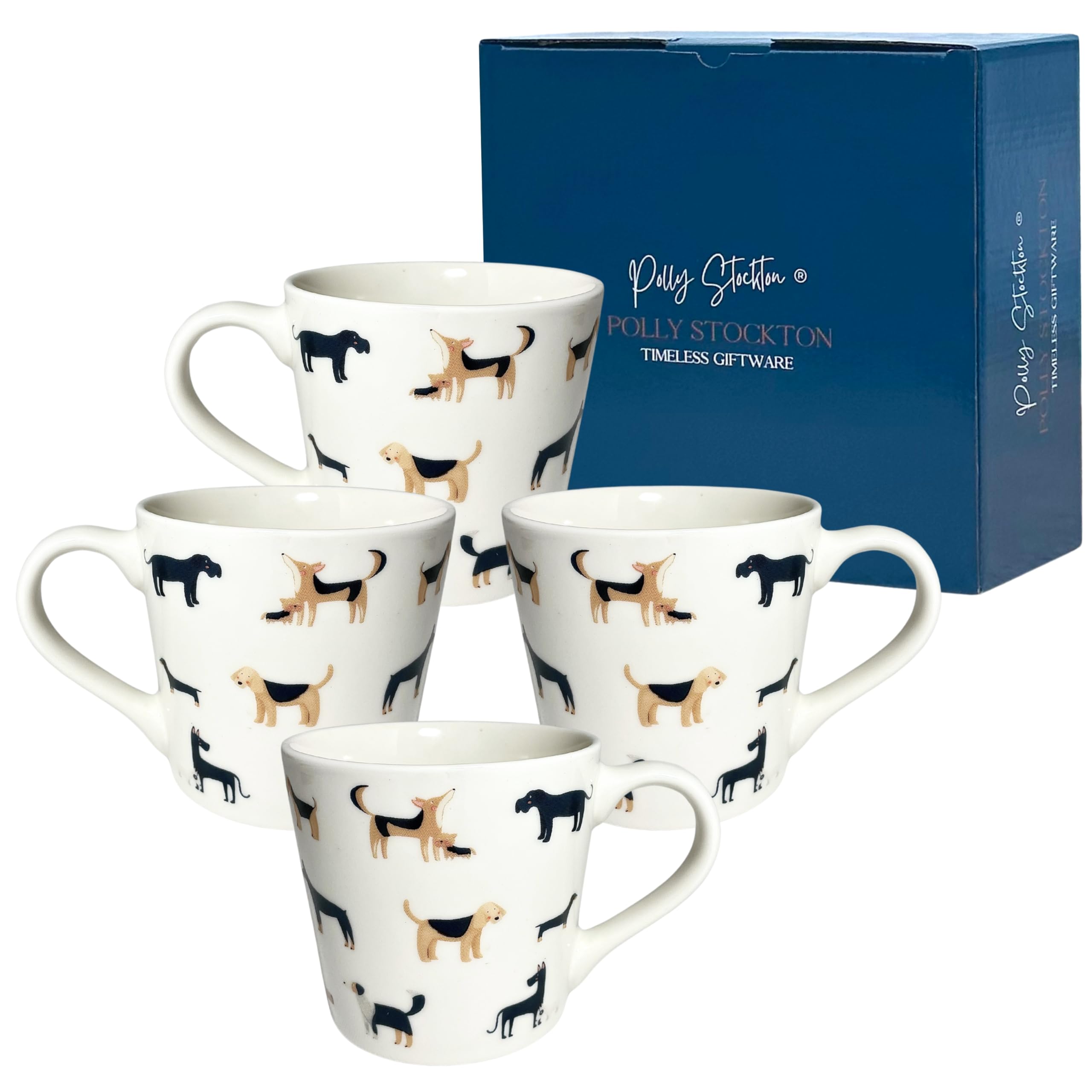 Polly Stockton Dashing Dogs Mugs - Ceramic Coffee & Tea Mugs with Charming Animal Design. Tasteful Everyday Homeware, a Thoughtful Gift for All Animal Lovers - Set of 4, 400ml Capacity.