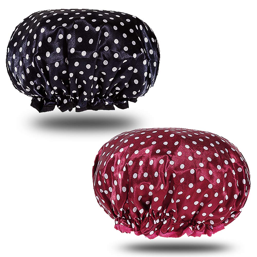 Shower Caps Reusable,2 Pack Women Bath Cap Double Layer Shower Hat Waterproof Elastic Bathing Hats for Woman Ladies Shower Spa Salon Black+Red Polka Dot