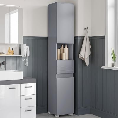 VASAGLE Tall Bathroom Cabinet Mystic Grey 30x30x170 cm with Drawer