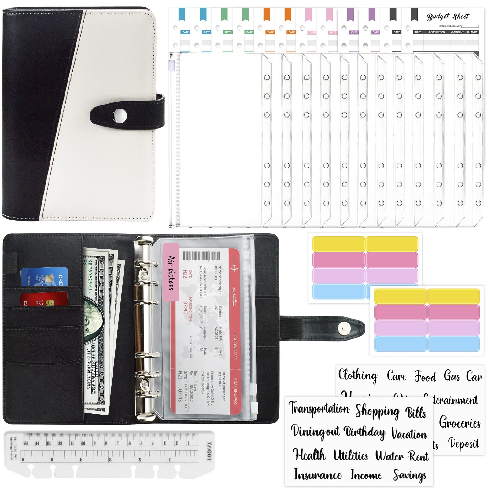 Mlife Budget Binder, 30Pcs A6 Ring Binder Set with Zipper Envelopes, Budget Sheets, Label Stickers, Black+White