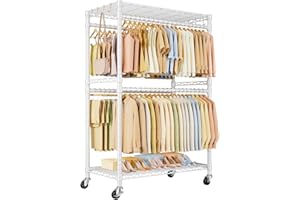 ULIFHOME P4 Plus Rolling Clothes Rack Heavy Duty, Clothing Racks for Hanging Clothes, Free Standing Garment Racks with Wheels
