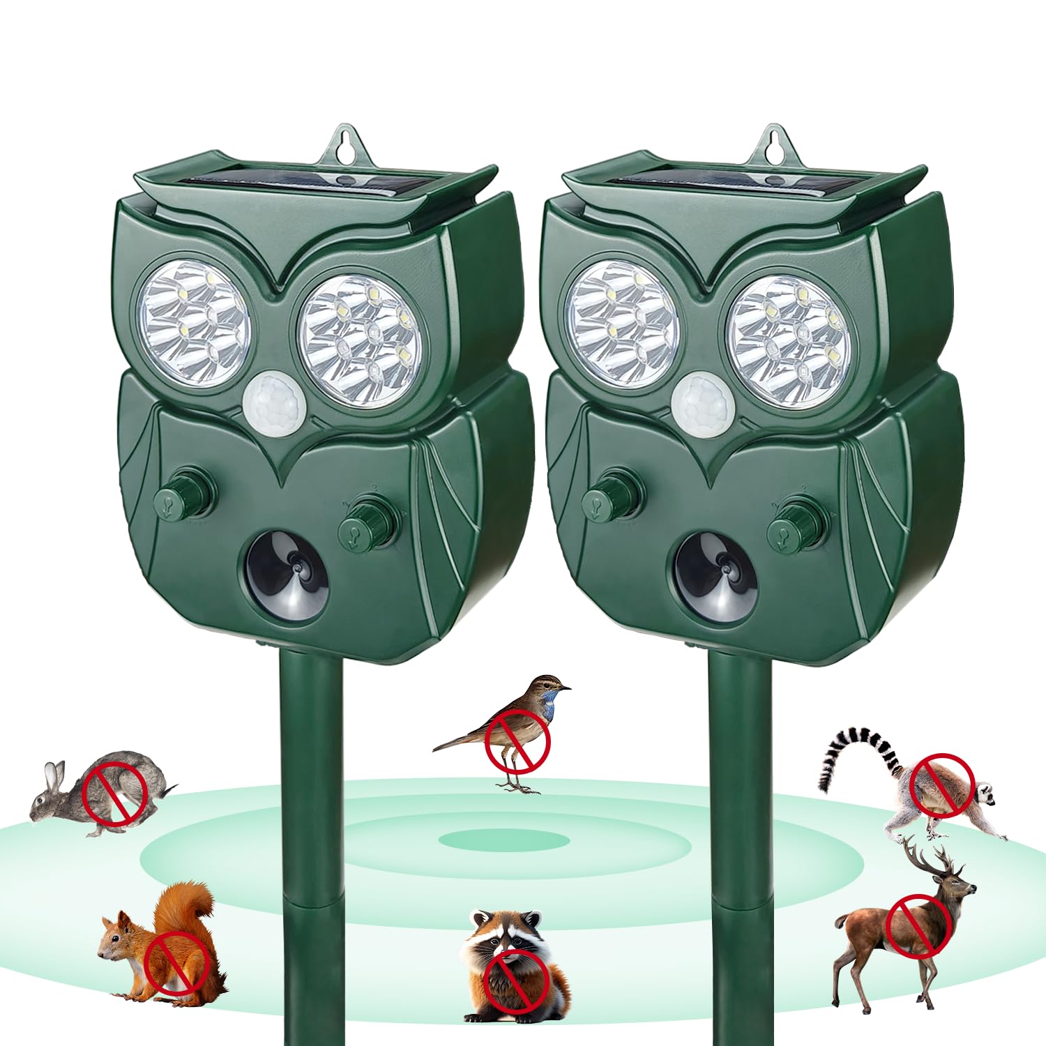 Photo 1 of [2025 Upgrade] Solar Animal Repellent Outdoor for Deer Squirrel Mole Rabbit Cat Skunk Bird Raccoon Dog, Waterproof Ultrasonic Pest Repeller with Motion Detector and LED for Yard Lawns Garden 2 Pack
