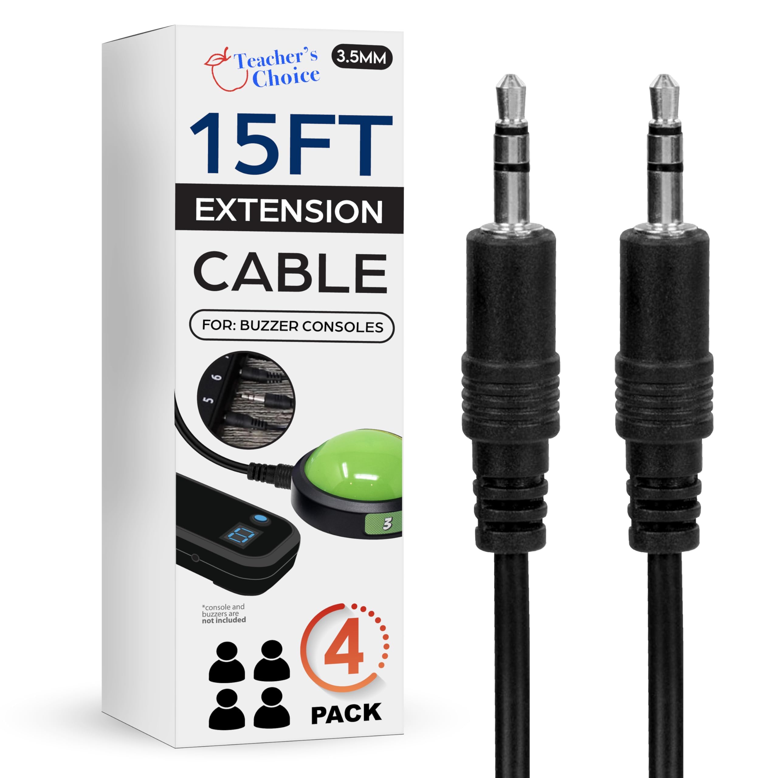 Teacher's Choice Light Up Game Buzzer System, 15 Ft Extension Cables for Game Buzzer System 4-Pack