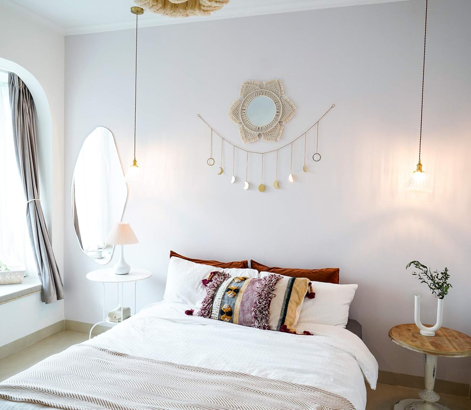 Mkono Hanging Wall Mirror with Macrame Fringe Round Boho Mirror Art Decor for Apartment Living Room Bedroom Baby Nursery Dorm Entryways, Ivory: Kitchen & Dining