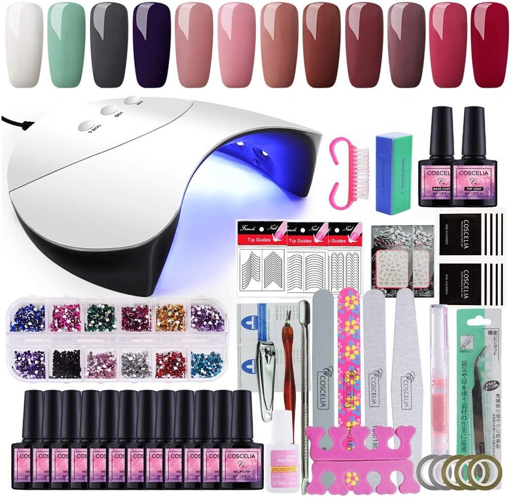 Coscelia Kit de Esmaltes de Uñas 12pcs Esmaltes Semipermanentes de Uñas en Gel Soak off 8ml 36W UV/LED Secador de Uñas Nail Dryer Capa Base Capa Superior Manicura Kit