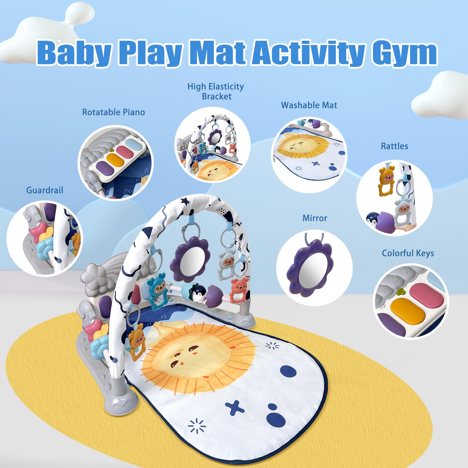 Baby Play Gym Mat, Baby Gym Activity Center, Kick and Play Piano with Music and Light, Tummy Time Toys for Newborn Babies Infants Boys Girls 0-3-6-9-12 Months (Grey)