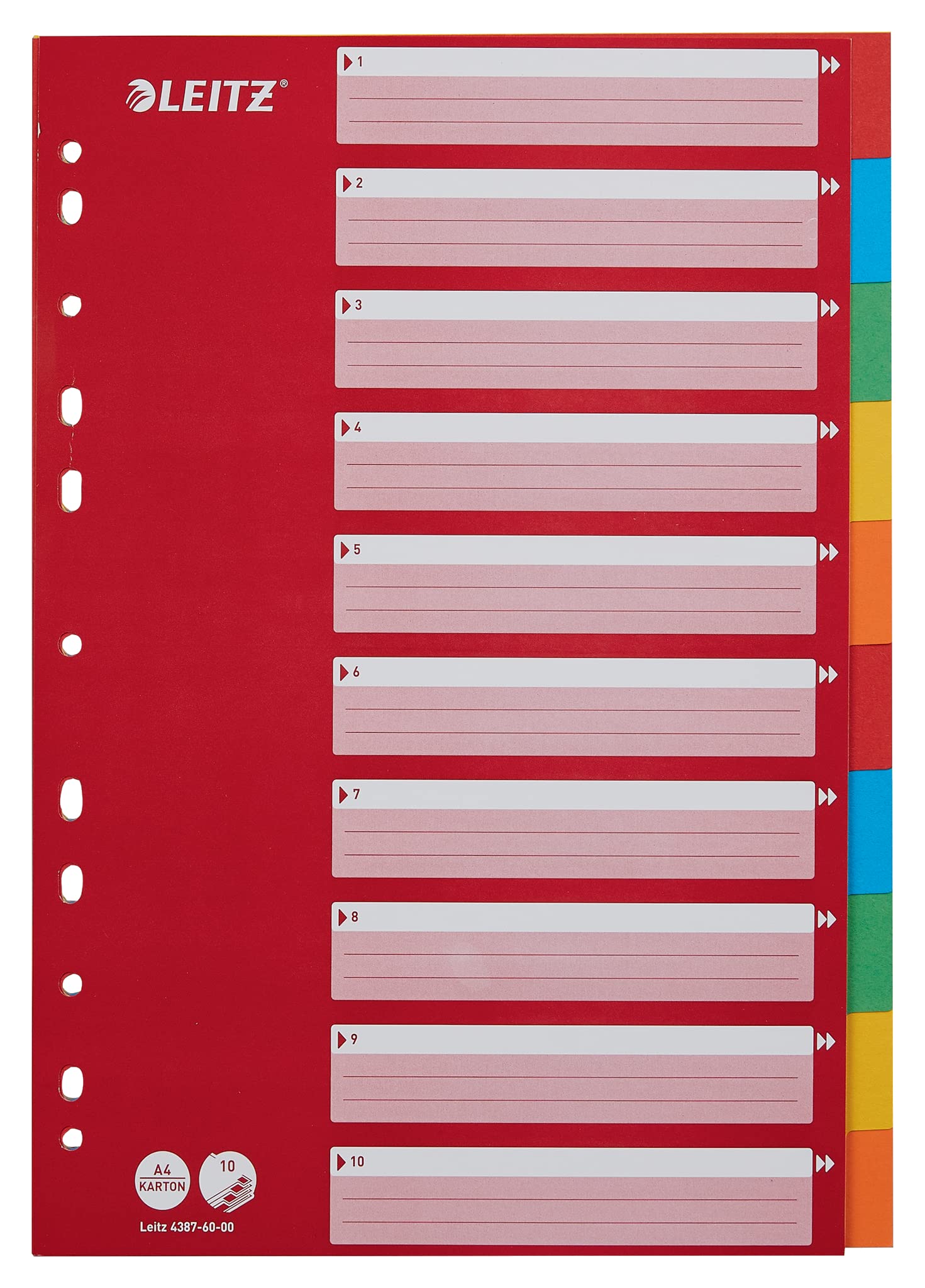 Leitz A4 1-10 Dividers with Index, Heavy Duty Recycled Cardboard, Red/Multicolour