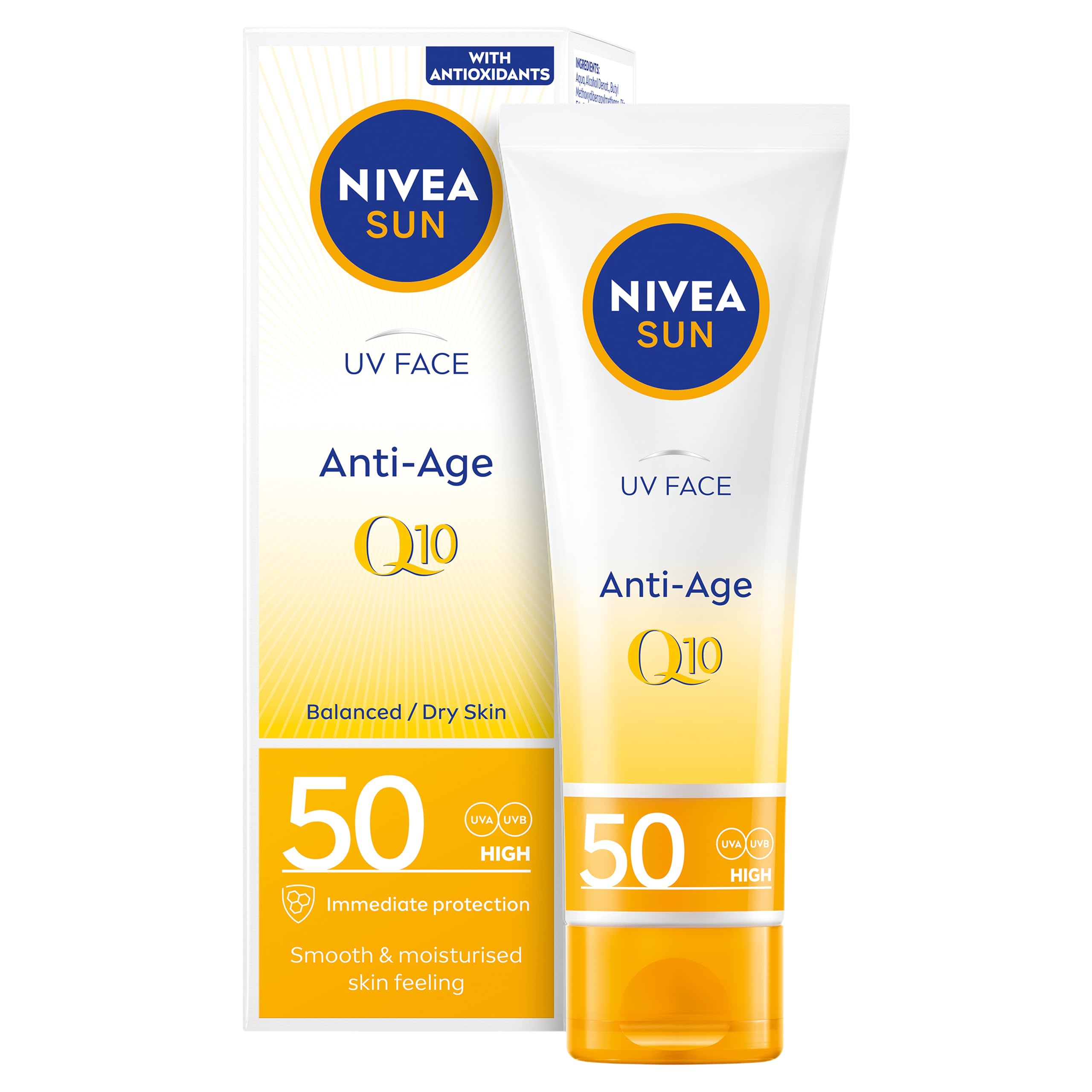 NIVEA Sun UV Face Anti-Age SPF 50 (50ml), Q10 Protects Against UVA/UVB Rays and Premature Skin Ageing, Anti-Ageing Cream, Fights Fine Lines and Wrinkles