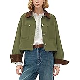 Agoeast Womens Cropped Barn Jacket Contrast Collar Long Sleeve Button Utility Coat Casual Outwear with Pockets