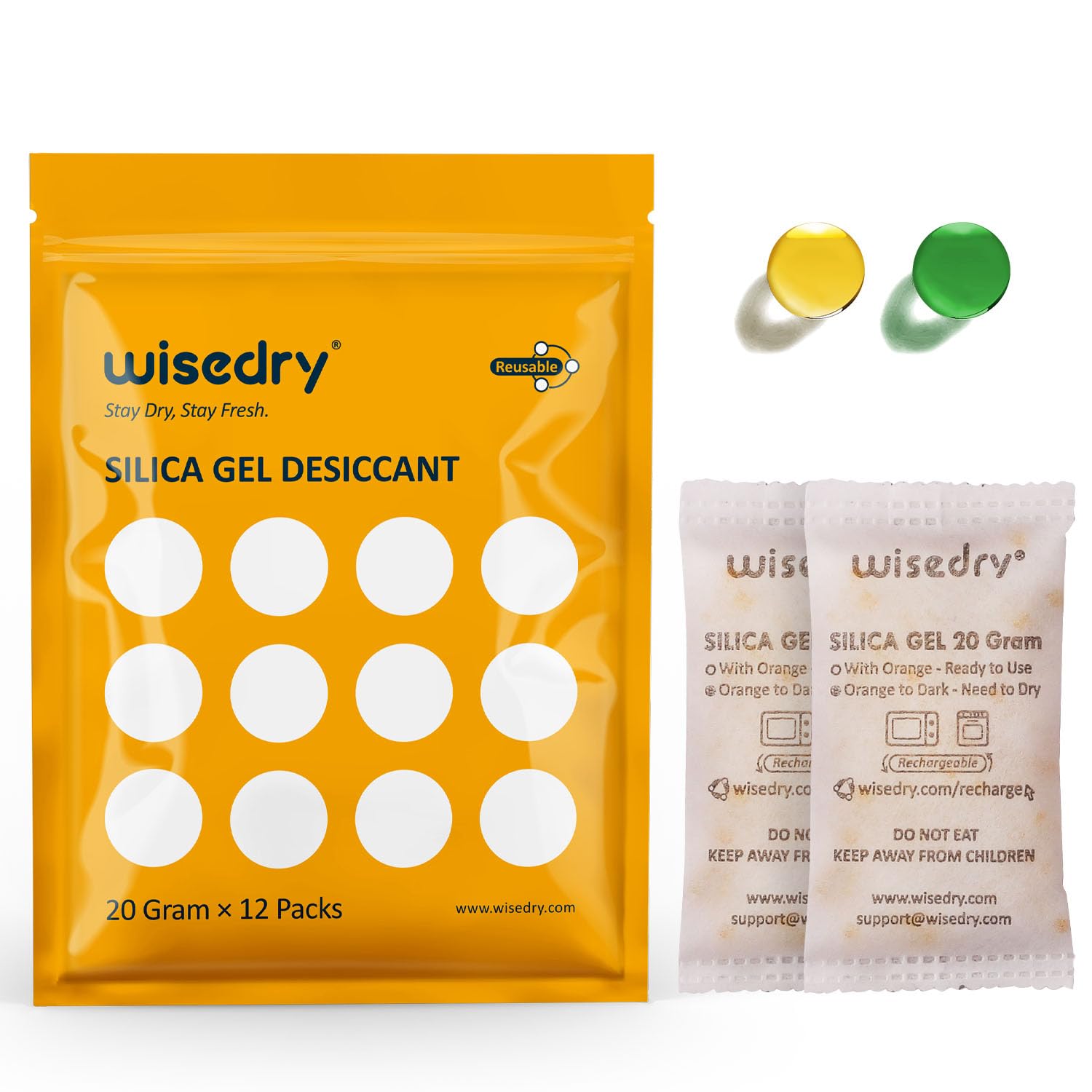 wisedry 20 Gram [12PACKS] Rechargeable Silica Gel Desiccant Packets Desiccant Bags Orange to Green indicating for Air Dryer Food Grade