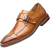 Pointed Toe Dress Oxfords Shoes for Men with Monk Strap, Vintage Casual Slip-on Hand Stitched Stacked Heel Wide Derby Shoe for Office Work Business Fashion