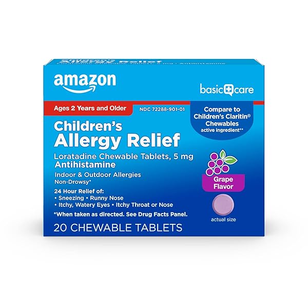 AMAZON BASIC CARE CHILDREN’S ALLERGY RELIEF, LORATADINE CHEWABLE TABLETS, 5 MG, GRAPE FLAVORED, AGES 2 AND UP, 20 COUNT