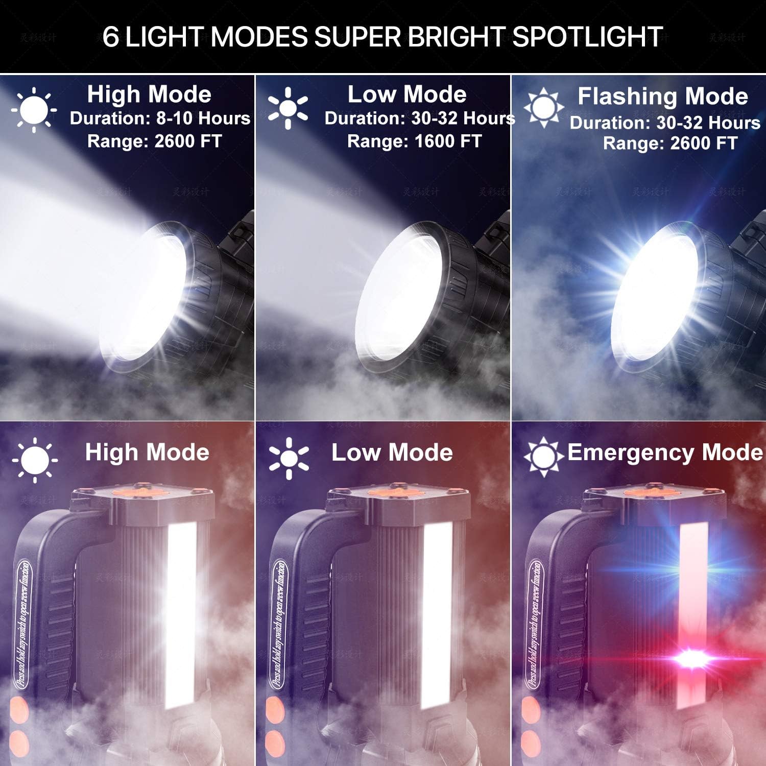Rechargeable Spotlight Super Bright Led Tactical Flashlight 9600mah 6000 Lumens Spot Light Waterproof Handheld Searchlight Power Bank Function Torchlight 6 Lights Modes with Foldable Tripod - - 