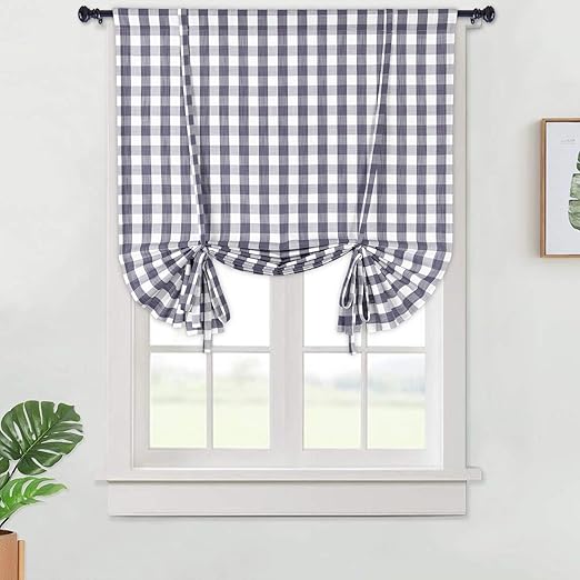 Amazon Com Haperlare Grey Tie Up Curtains In Gingham Plaid Check