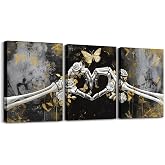 Manfei Gothic Skull Canvas Wall Art Set Of 3 Pieces, Skeleton Hands Heart Wall Decor Prints Home Artwork for Living Room Bedroom Decorative, Yellow Butterfly Wall Hanging, Kids Boys Girls Room Decor