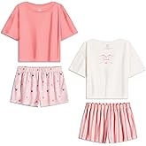 US Angels Girls Pajamas Sets- 4-Piece Cute Short Sleeve & Shorts PJ Set, Pink Girls’ Sleepwear, Kids Pajamas Sizes 5-16