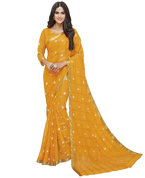 Womens Chiffon Saree with Zari Border and Blouse Material (RKRGLILY1016H, Yellow)